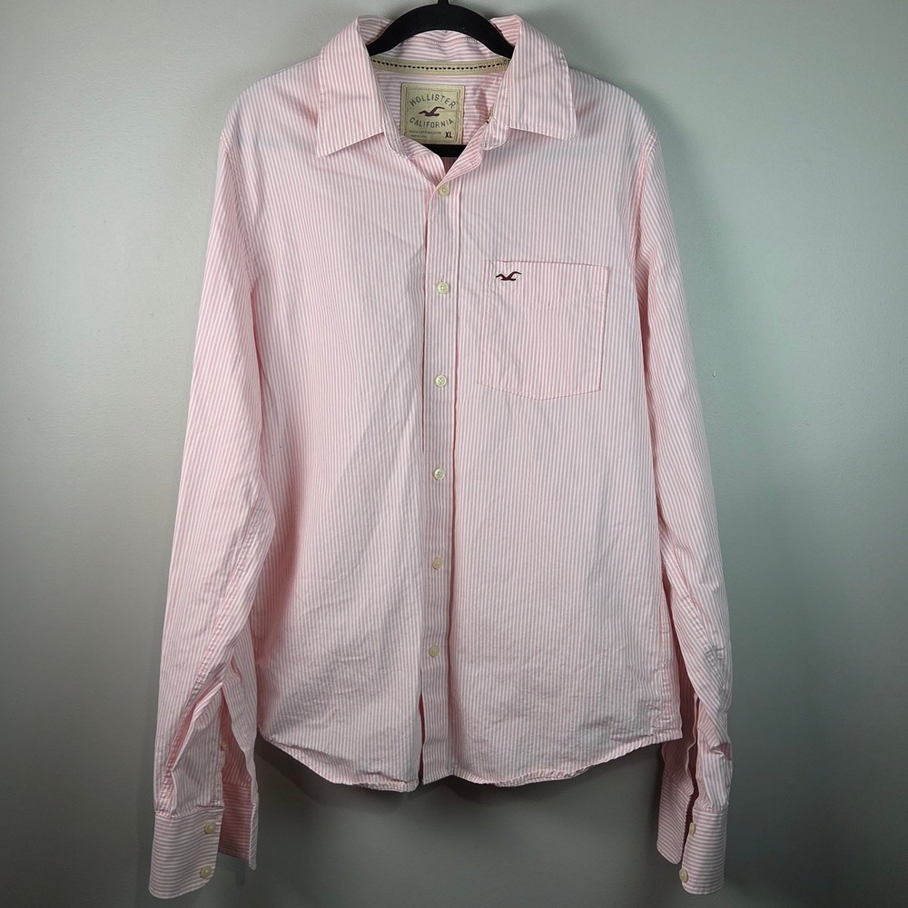 Hollister Button Down Shirt Mens XL Pink White Striped Long Sleeve Cotton